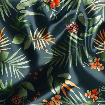 Tissu satin recyclé herbiers tropicaux vert - Panda Love