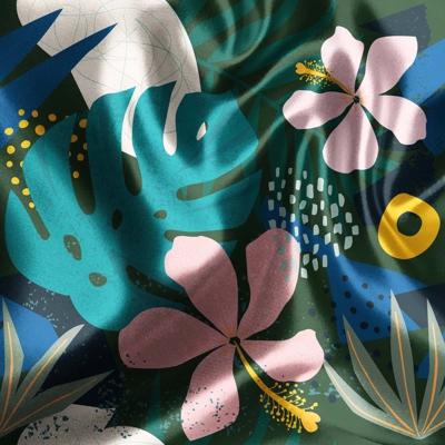 Tissu satin recyclé jungle tropical vert - Panda Love