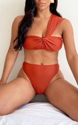 Bas de maillot de bain marron à taille haute marquée, Brun precio