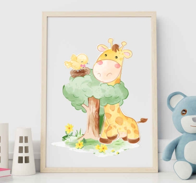 Sticker Mural Arbre Arbre aquarelle avec des animaux mignons