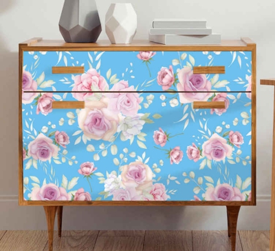 Sticker Deco Meuble Roses sur fond bleu