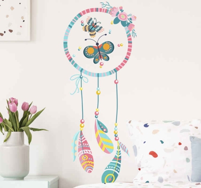 Sticker Mural Objet Capteur de rêves avec papillon et fleurs