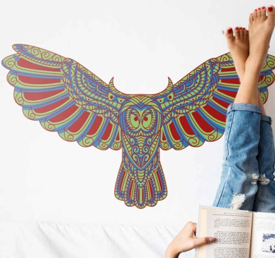 Sticker Mural Illustration Hibou tribal multicolore volant