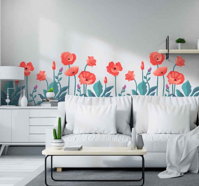 Sticker Mural Fleur Coquelicots dessinés avec des papillons