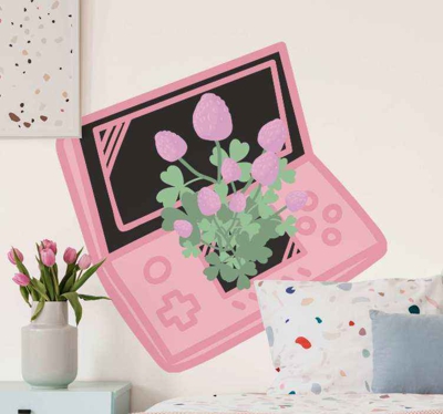 Sticker Mural Jeu Video Nintendo 3ds rose avec des roses