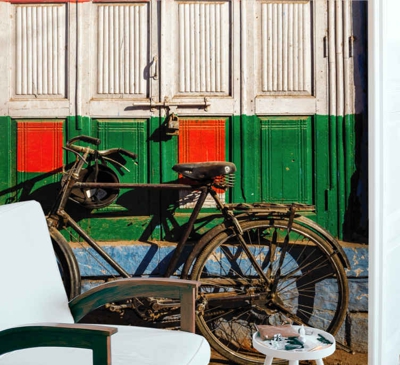 Tapisserie salon Bâtiment indien et vélo