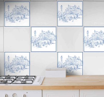 Autocollant Carrelage Delfts maisons du canal bleu
