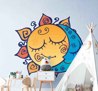 Sticker Mural Espace Couple soleil et lune endormi