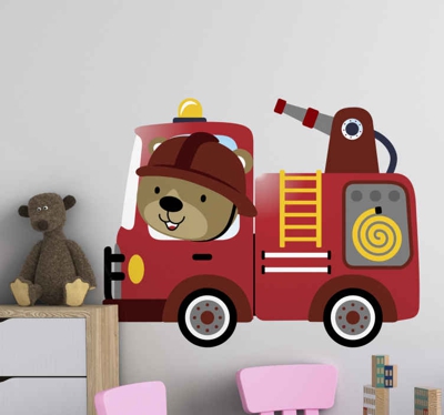 Sticker Mural Chambre Enfant Pompier en action avec chauffeur