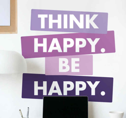 Sticker de Motivation Pense joyeux texte violet en oferta