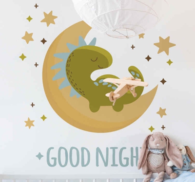 stickers muraux dinosaure Bonne nuit avec dinosaure