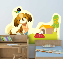 Sticker enfant chien dans jardin características