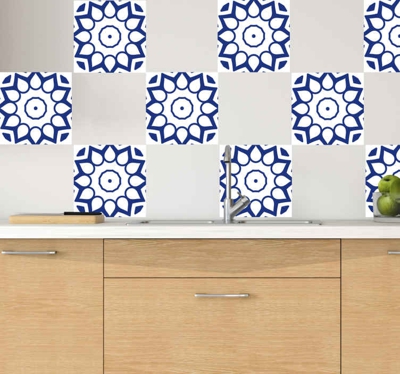Autocollant Carrelage Fleurs de mandala bleu delfts