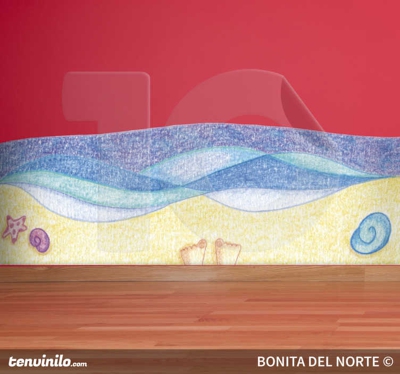 Sticker enfant sur la plage et vagues