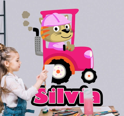 Autocollant Personnalisé Tracteur rose avec minou et nom