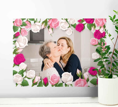 Sticker mural Salon Cadre photo blanc et roses