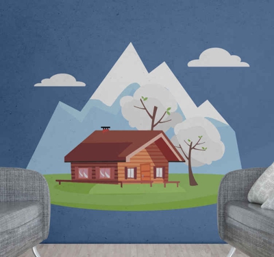 sticker mural nature Paysage avec montagnes et maison de campagne