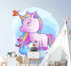 Sticker Mural Cinéma Licorne avec papillon et arc en ciel en oferta