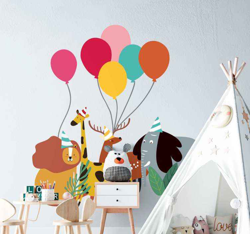 Sticker Mural Illustration Ballons et animaux colorés en oferta