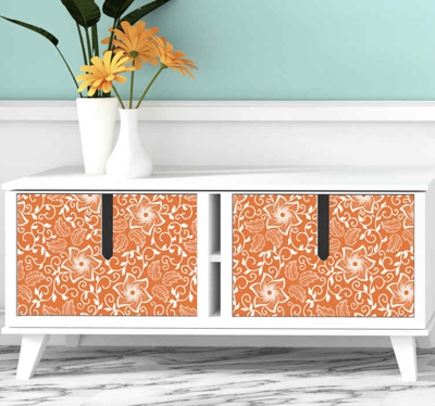 Sticker déco meuble Fleurs paisley et fond orange