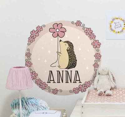 Sticker personnalisable Hérisson et fleurs