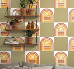 Autocollant Carrelage Coucher de soleil rétro et palmiers en oferta
