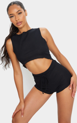 Ensemble de pyjama noir à short côtelé et ourlet volanté, Noir en oferta