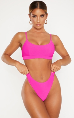 Haut de maillot de bain magenta côtelé à col rond, Magenta