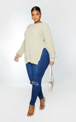 PLT Plus - Pull gris pierre à col rond fendu sur les côtés, Gris pierre precio