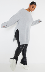 PLT Plus - Pull gris à col rond fendu sur les côtés, Gris en oferta