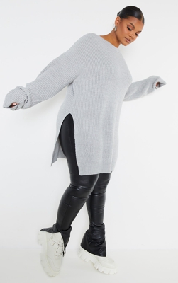 PLT Plus - Pull gris à col rond fendu sur les côtés, Gris