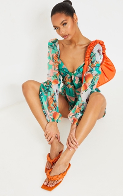 Sandales style tongs carrées en cuir orange à bride tressée, Orange