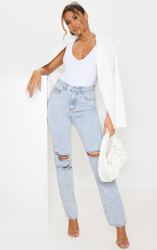 Jean droit bleu clair délavé à détail déchiré, Délavage bleu clair precio