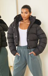 Doudoune noire à capuche fausse fourrure, Noir precio