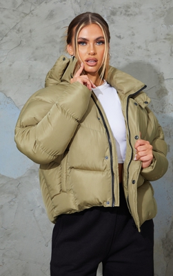 Doudoune kaki incurvée oversize en nylon matelassé, Kaki