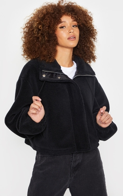 Veste courte en imitation mouton noir à zip, Noir