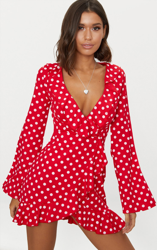 Robe portefeuille rouge à pois blancs à décolleté volanté et manches évasées, Red Polkadot en oferta