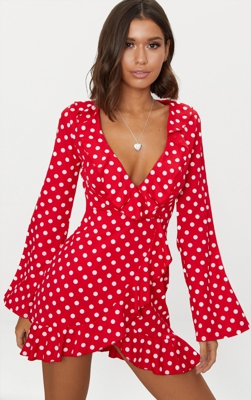 Robe portefeuille rouge à pois blancs à décolleté volanté et manches évasées, Red Polkadot