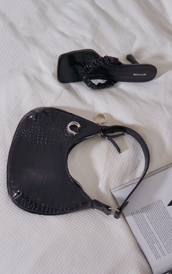 Mini sac à main effet croco noir, Noir