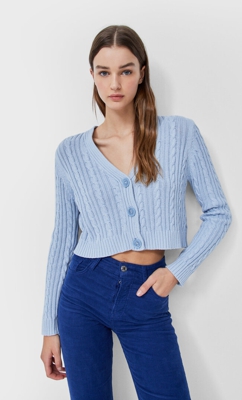 Stradivarius Cardigan Tressé Bleu Ciel S