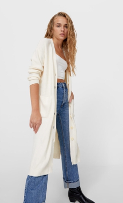 Stradivarius Cardigan Long En Maille Vanille M