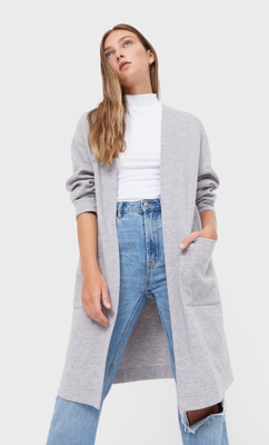 Stradivarius Cardigan Long Tricot Gris Mélangé S