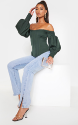 Top style corset vert émeraude à col bateau et manches ballon, Vert émeraude precio