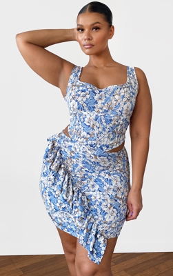 PLT Plus - Crop top imprimé floral bleu cendré à détail coutures, Bleu cendré