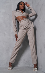 Pantalon droit tissé gris pierre à fines rayures et boucles, Gris Pierre en oferta