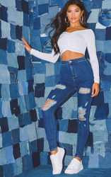 PRETTYLITTLETHING - Jean disco skinny déchiré à délavage bleu moyen, Délavage bleu moyen precio
