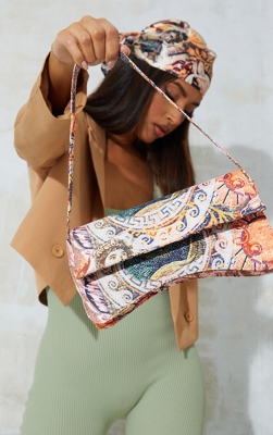 Sac pochette à rabat jaune imprimé mosaïque romaine en similicuir, Jaune