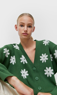 Stradivarius Cardigan En Jacquard À Motifs Vert Bouteille L