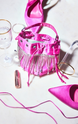 PRETTYLITTLETHING - Mini sac à main satiné rose à strass, Rose Flash