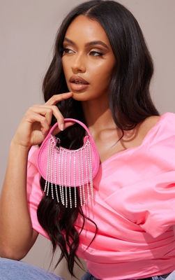 Mini sac satiné rose à franges de strass, Rose